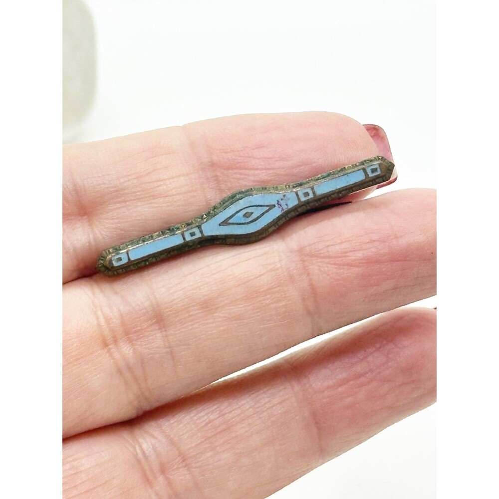 Antique Art Deco Blue Enamel Bar Pin Brooch C Clasp Diamond Shape Center - Picture 3 of 9